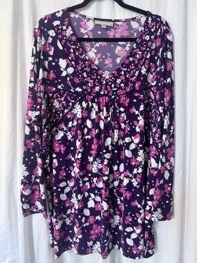 Woman Within Flowy Top Purple Floral Long-Sleeve Women's Tunic Top Size 1X